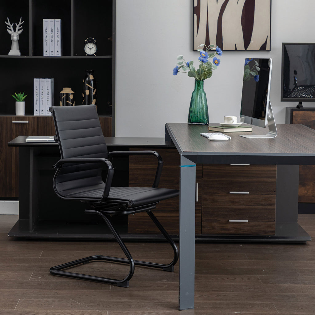 Modern office setup with a desk, chair, and computer equipment.