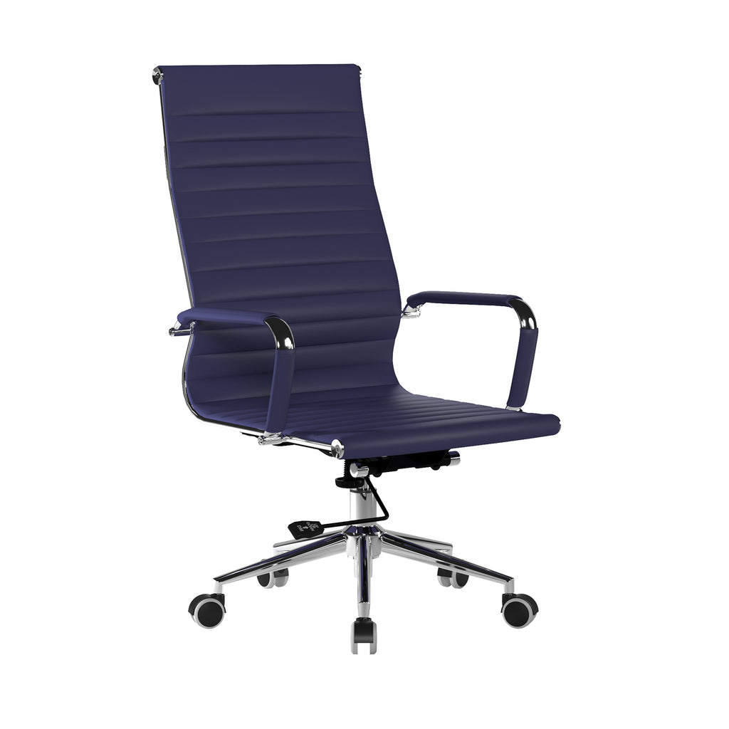Blue office chair with a ribbed backrest on a white background