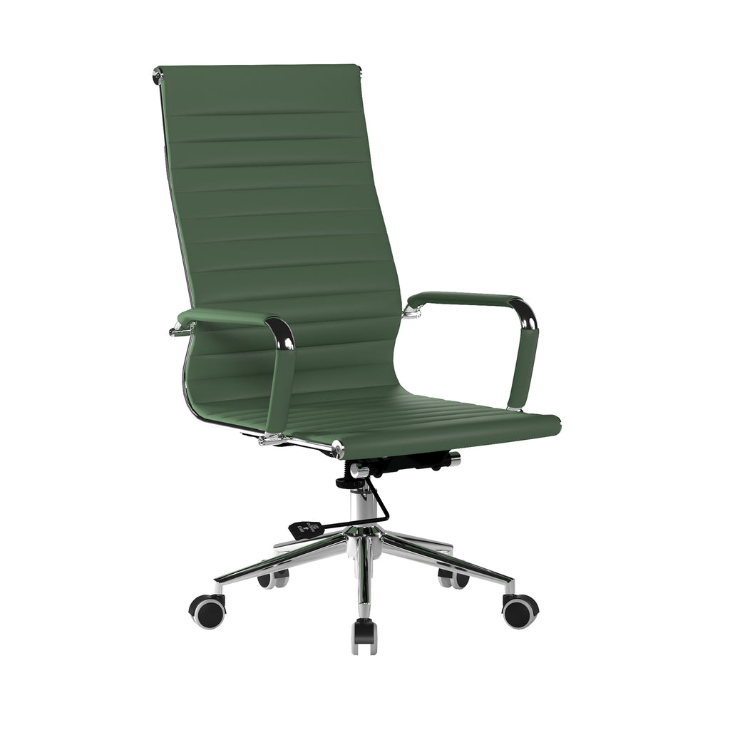 Green office chair with a ribbed backrest on a white background