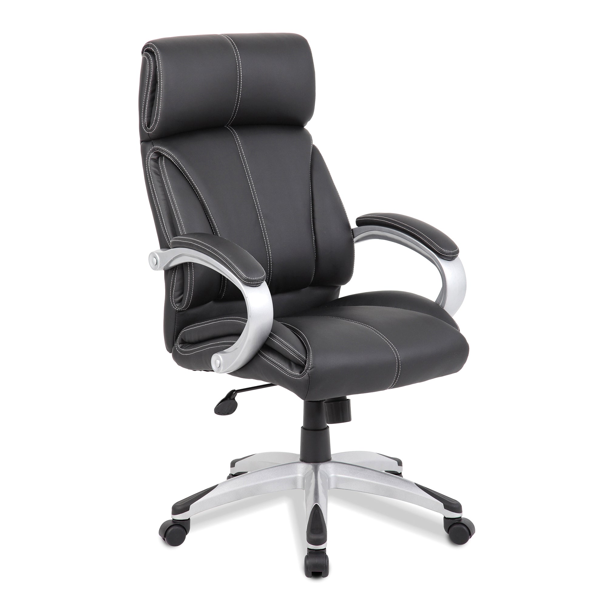 Black office chair with silver base on a white background