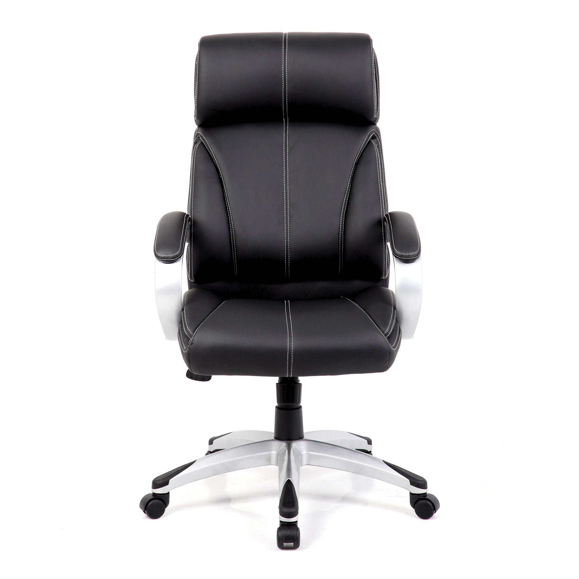 Black office chair with silver base on a white background