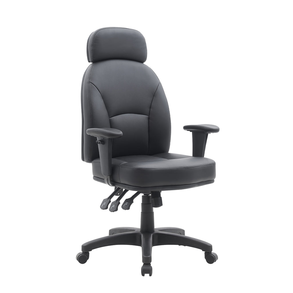 Black office chair with adjustable arms on a white background