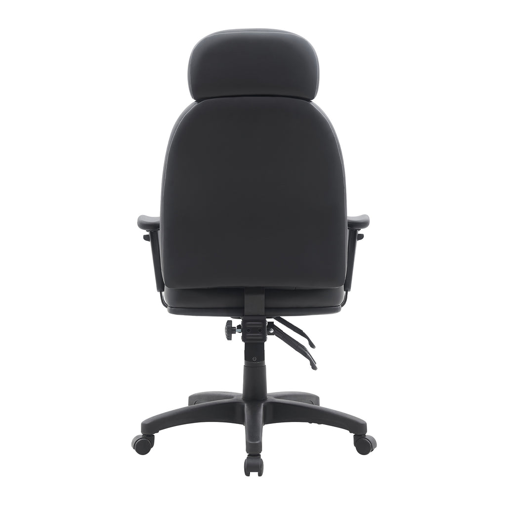 Black office chair with adjustable features on a white background