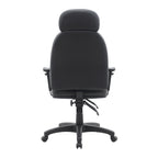 Black office chair with adjustable features on a white background