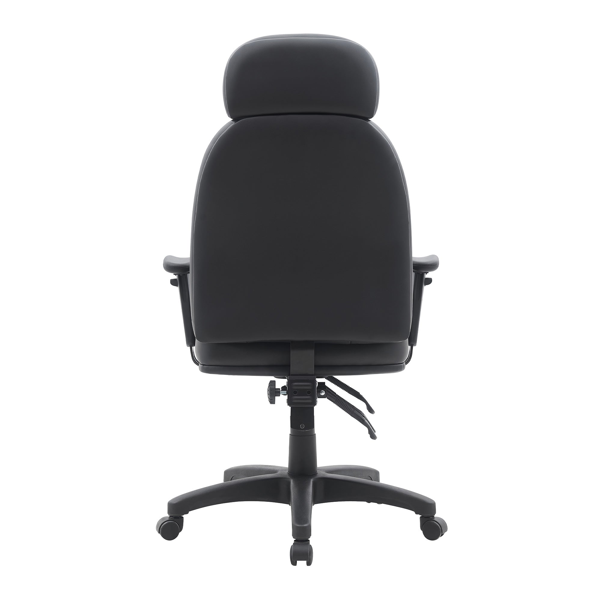 Black office chair with adjustable features on a white background