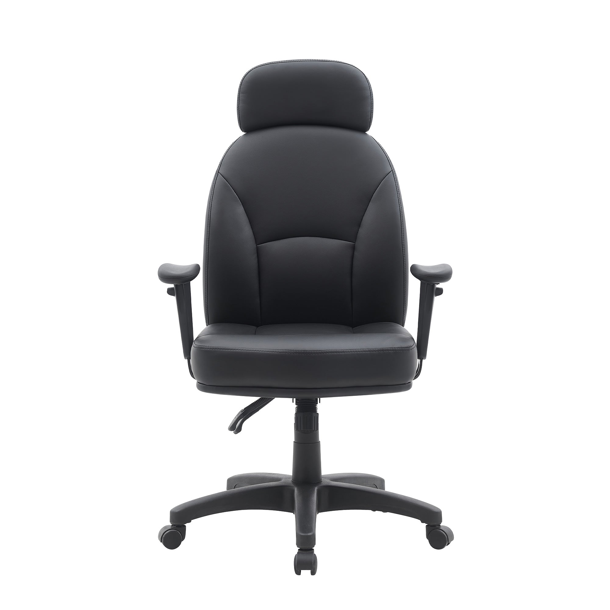 Black office chair with headrest on a white background