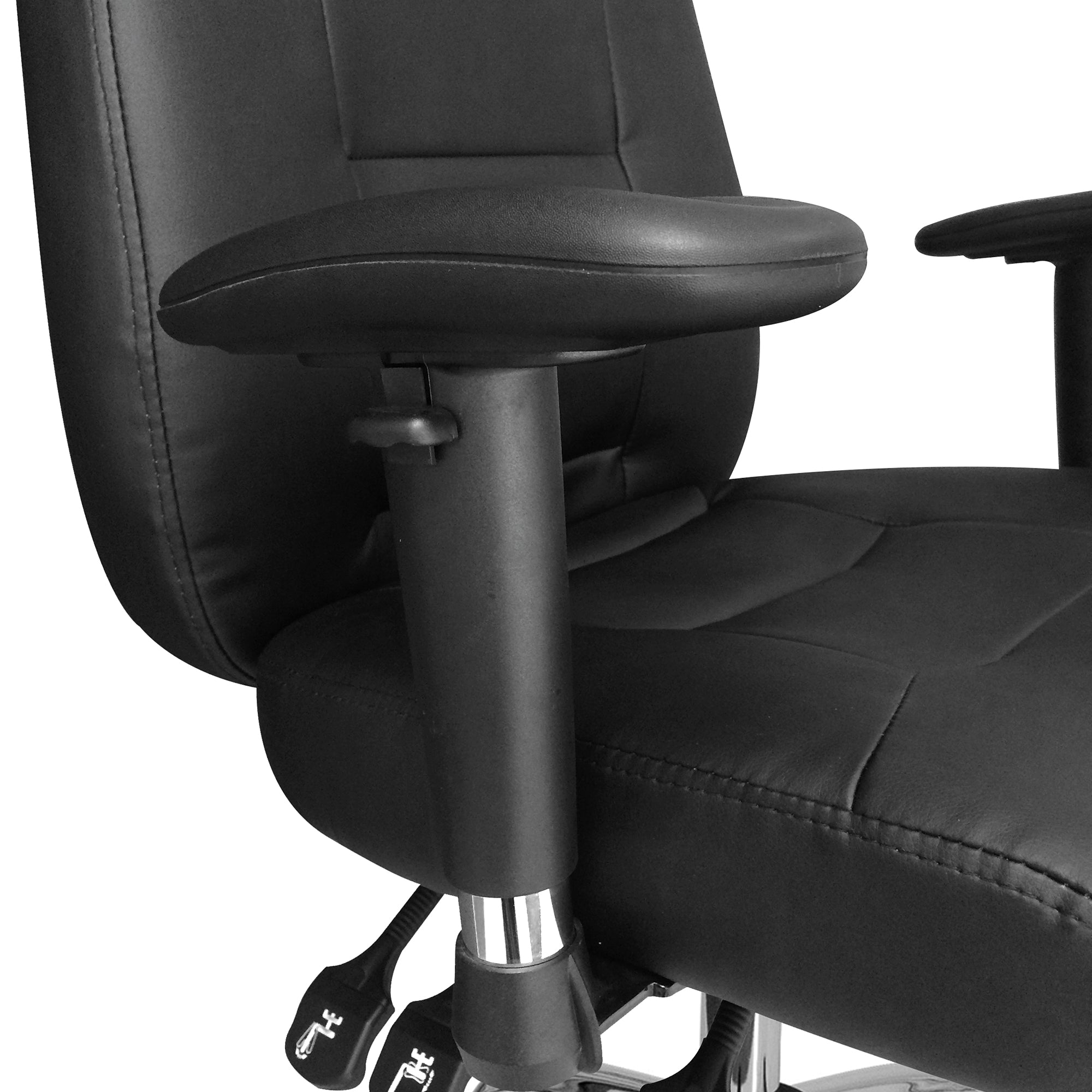 Black office chair with adjustable armrest on a white background