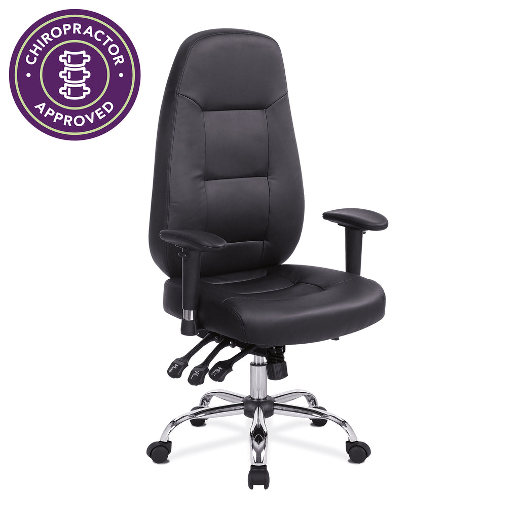 Black office chair with chrome base on a white background, featuring a 'Chiropractor Approved' label.