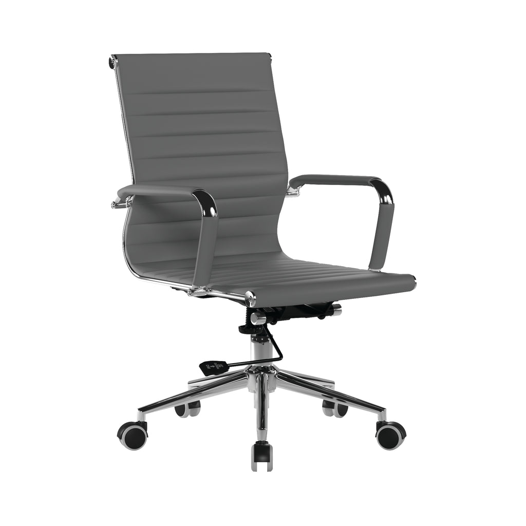 Grey office chair with a ribbed backrest on a white background