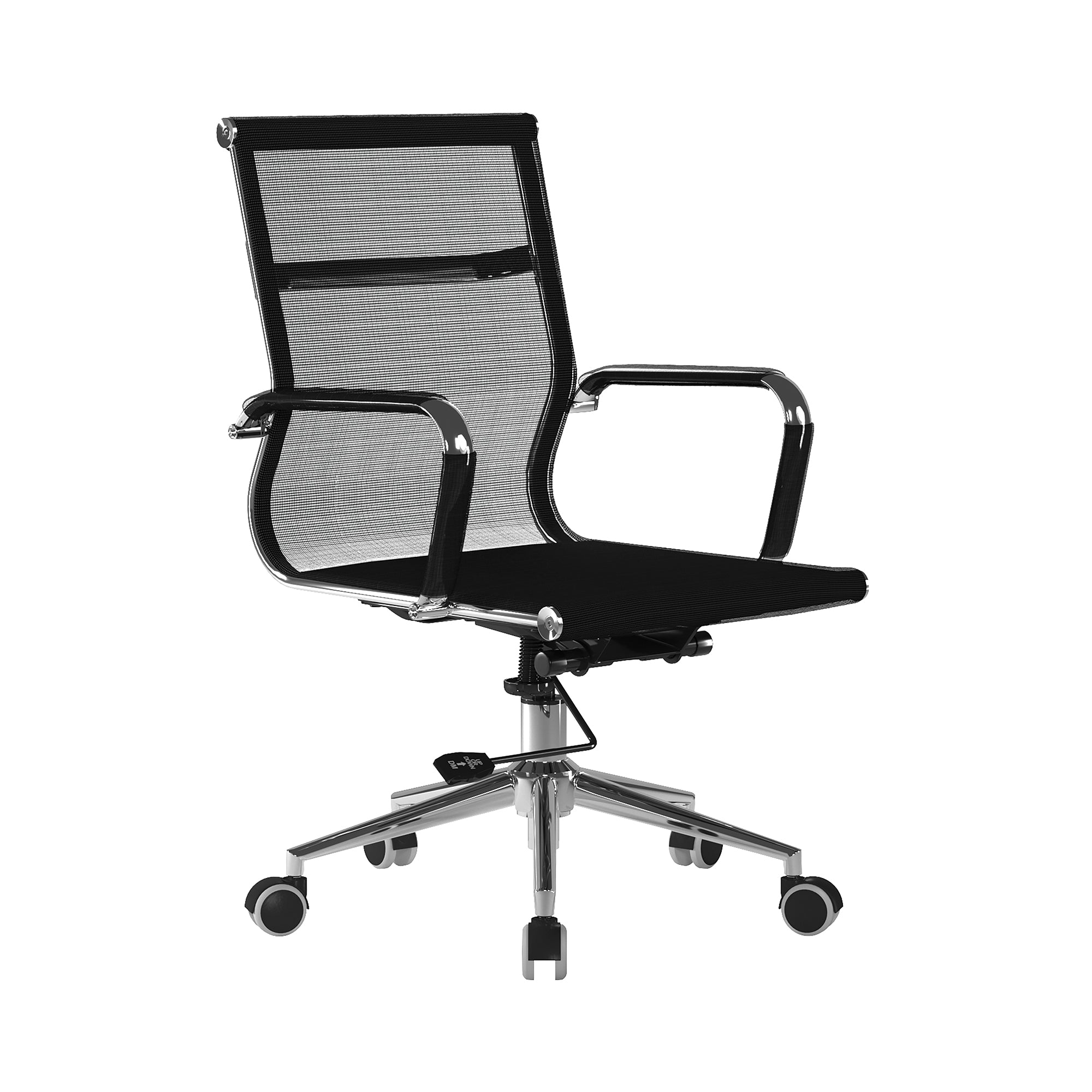 Black office chair with mesh backrest on a white background