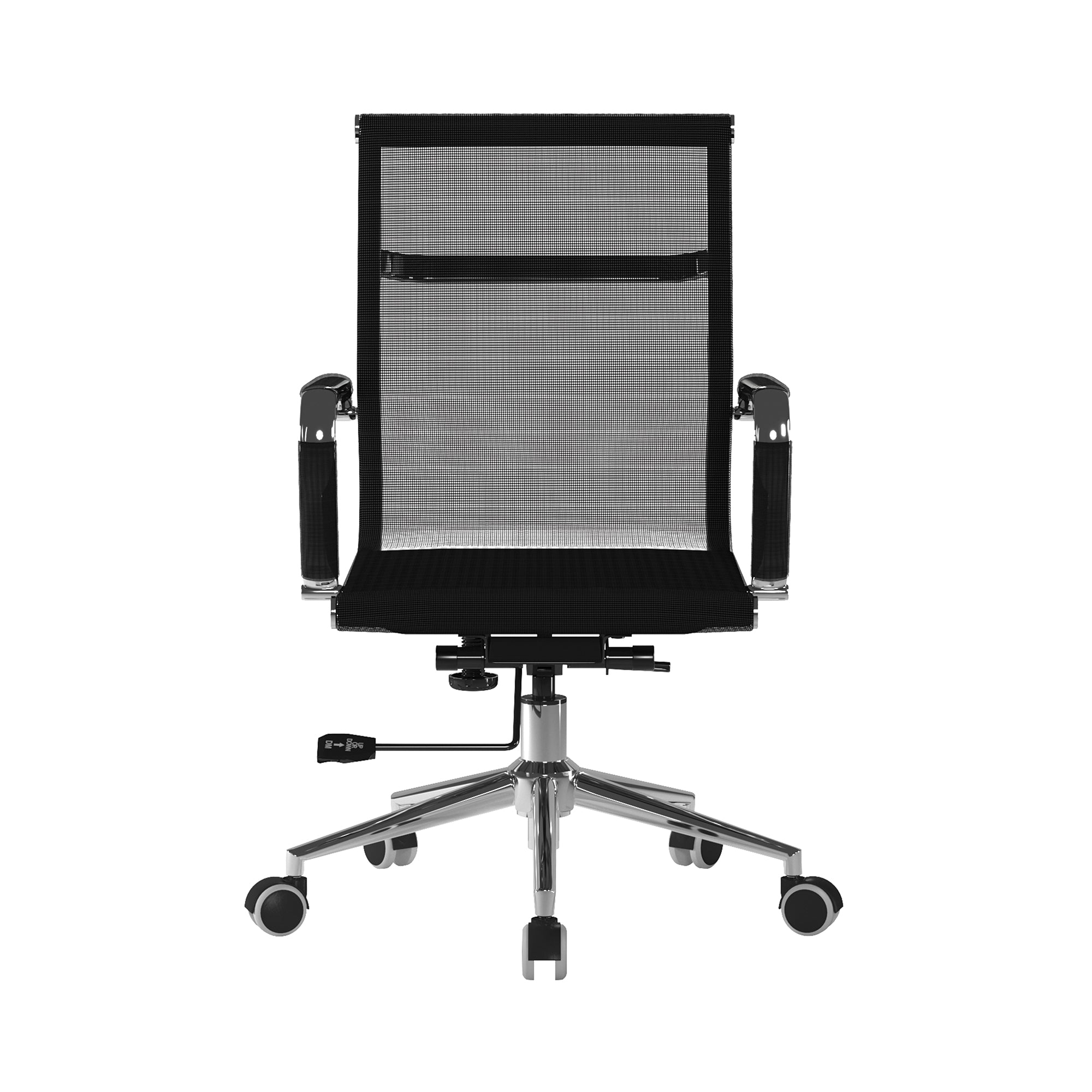 Black office chair with mesh backrest on a white background