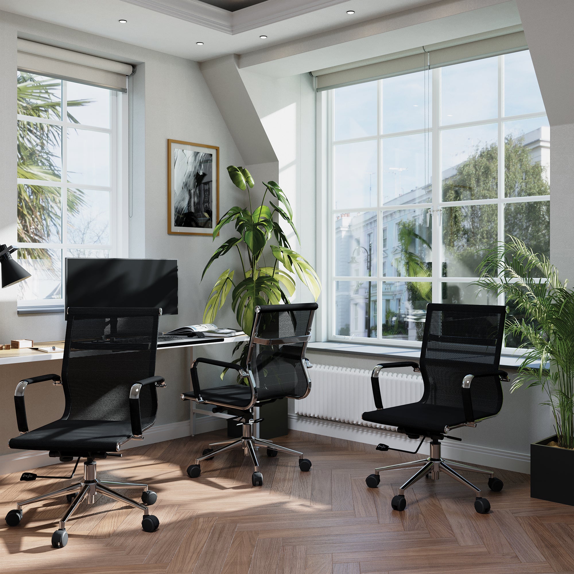 Modern office with black chairs and a large window