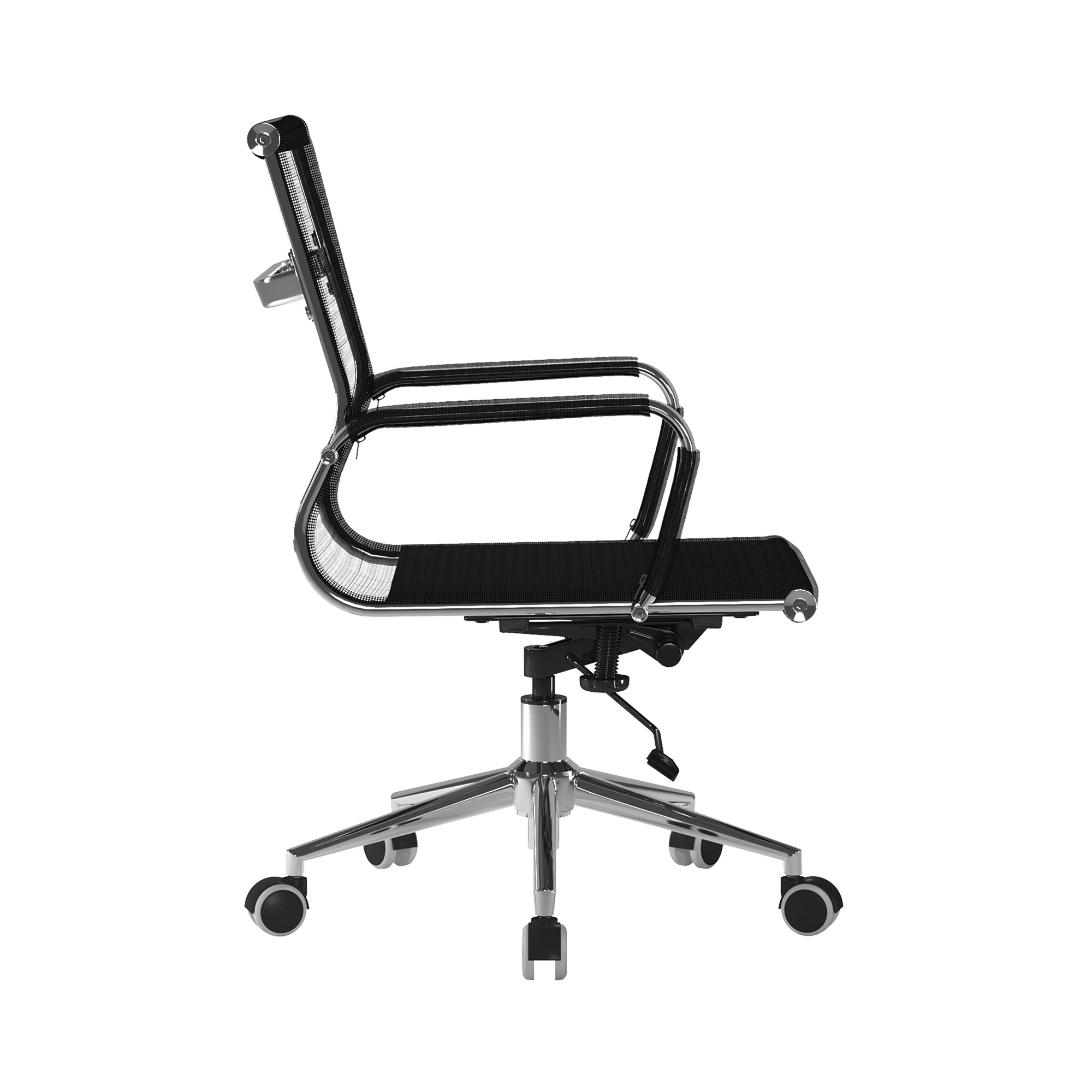 Black office chair with mesh backrest on a white background