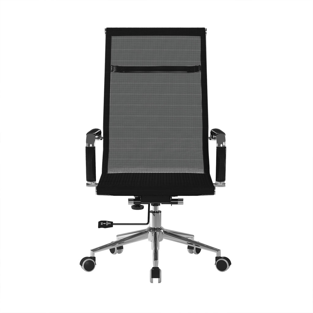 Black office chair with mesh backrest on a white background