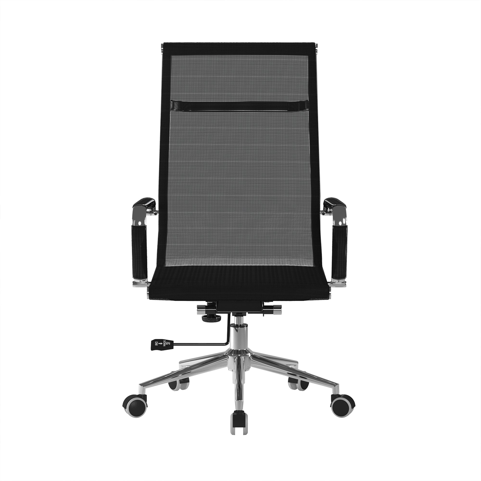 Black office chair with mesh backrest on a white background