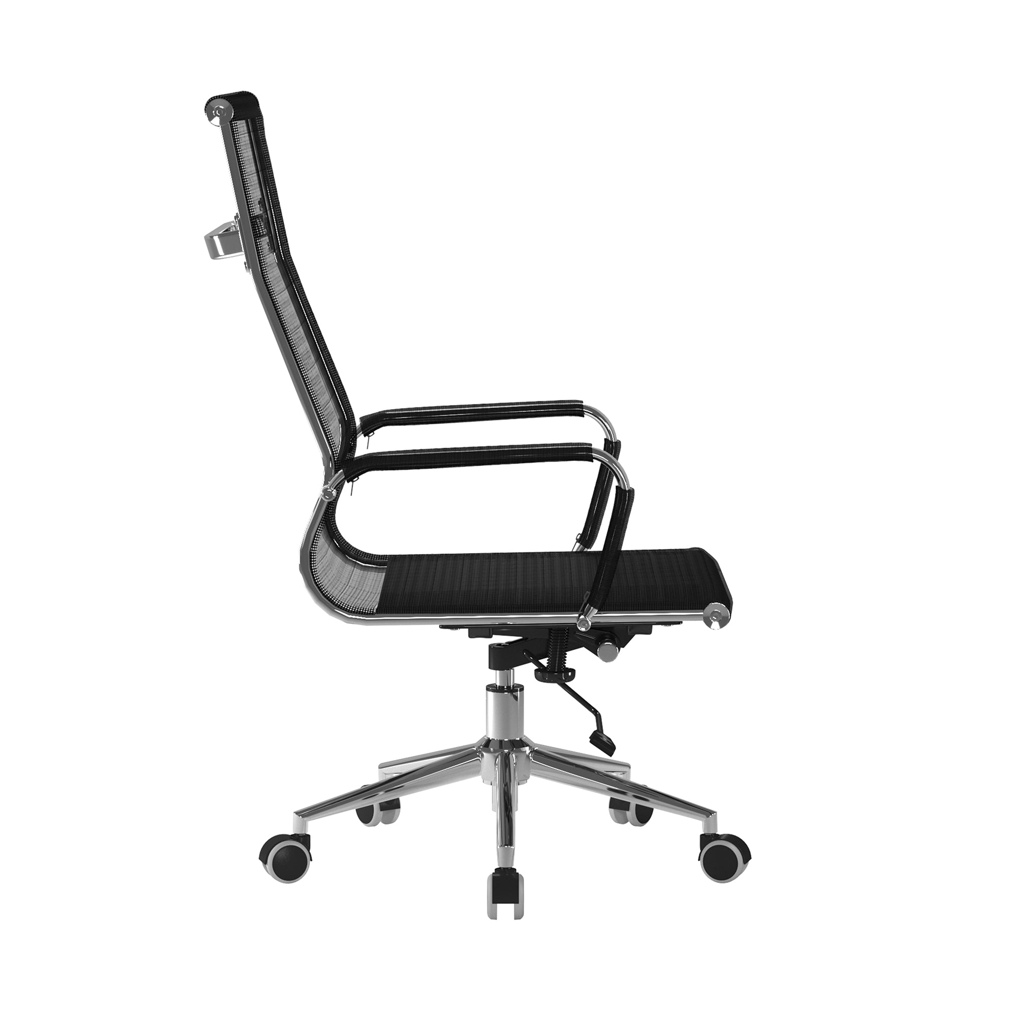 Black office chair with mesh backrest on a white background
