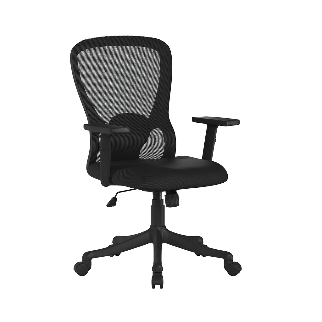 Black office chair with mesh back on a white background