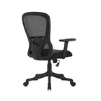 Black office chair with mesh back on a white background