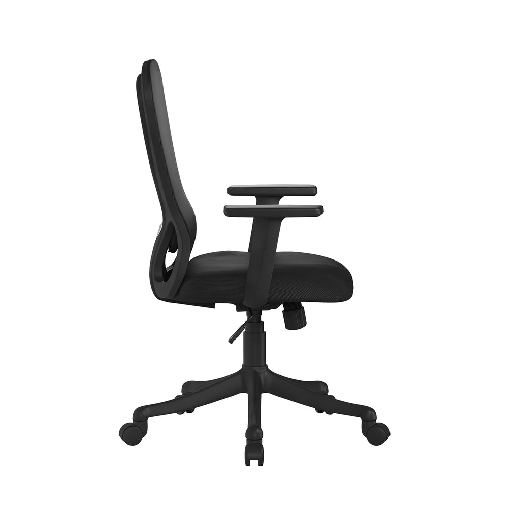 Black office chair with mesh back on a white background