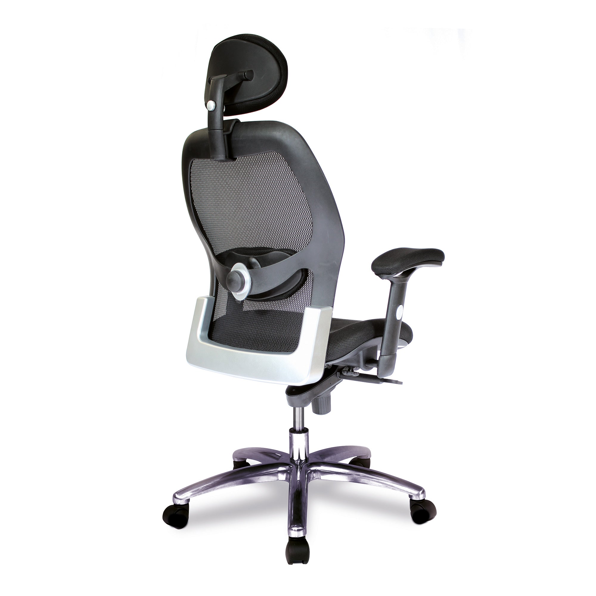 Black office chair with headrest on a white background