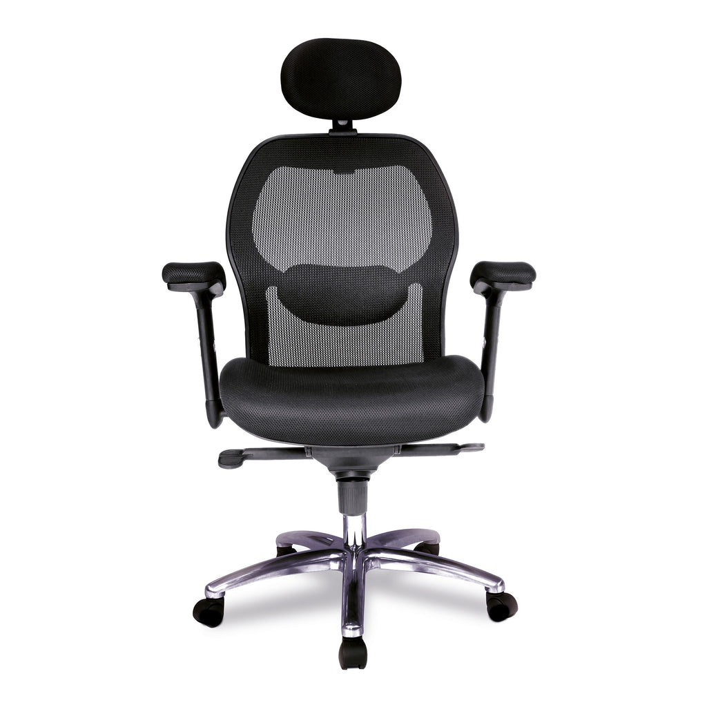Black office chair with headrest on a white background