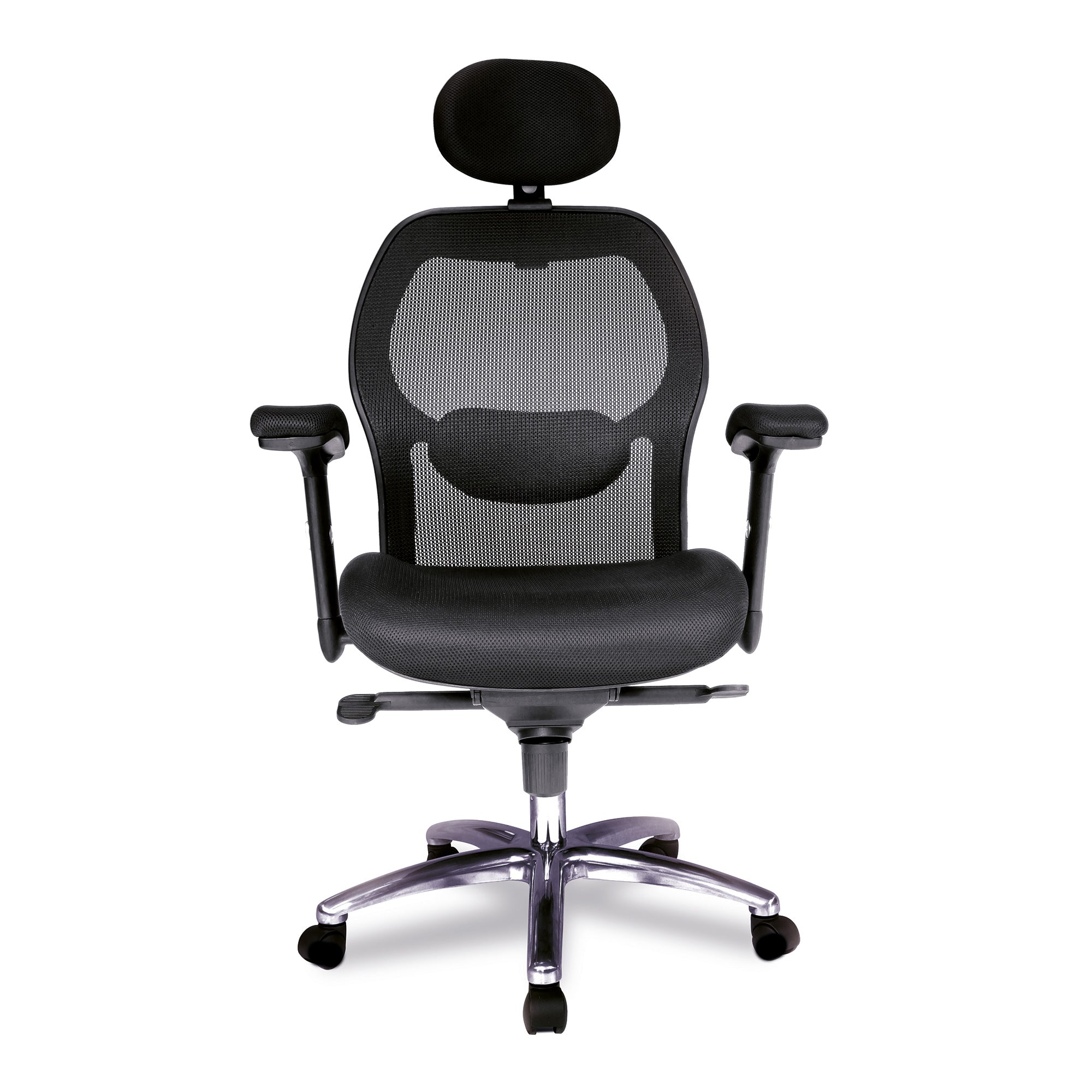 Black office chair with headrest on a white background