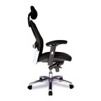 Black office chair with adjustable armrests and lumbar support on a white background