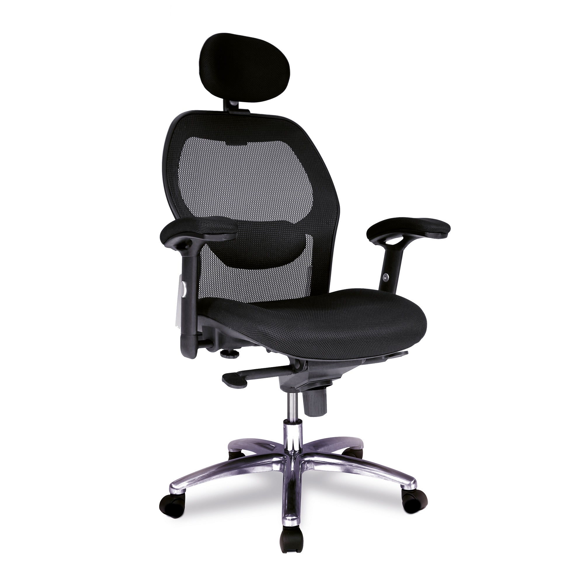 Black office chair with mesh backrest on a white background