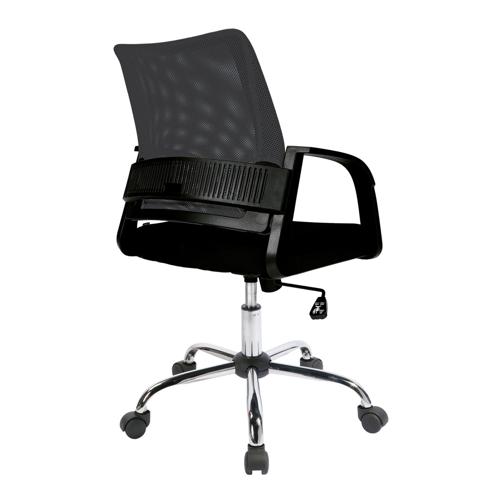 Black office chair with mesh backrest on a white background