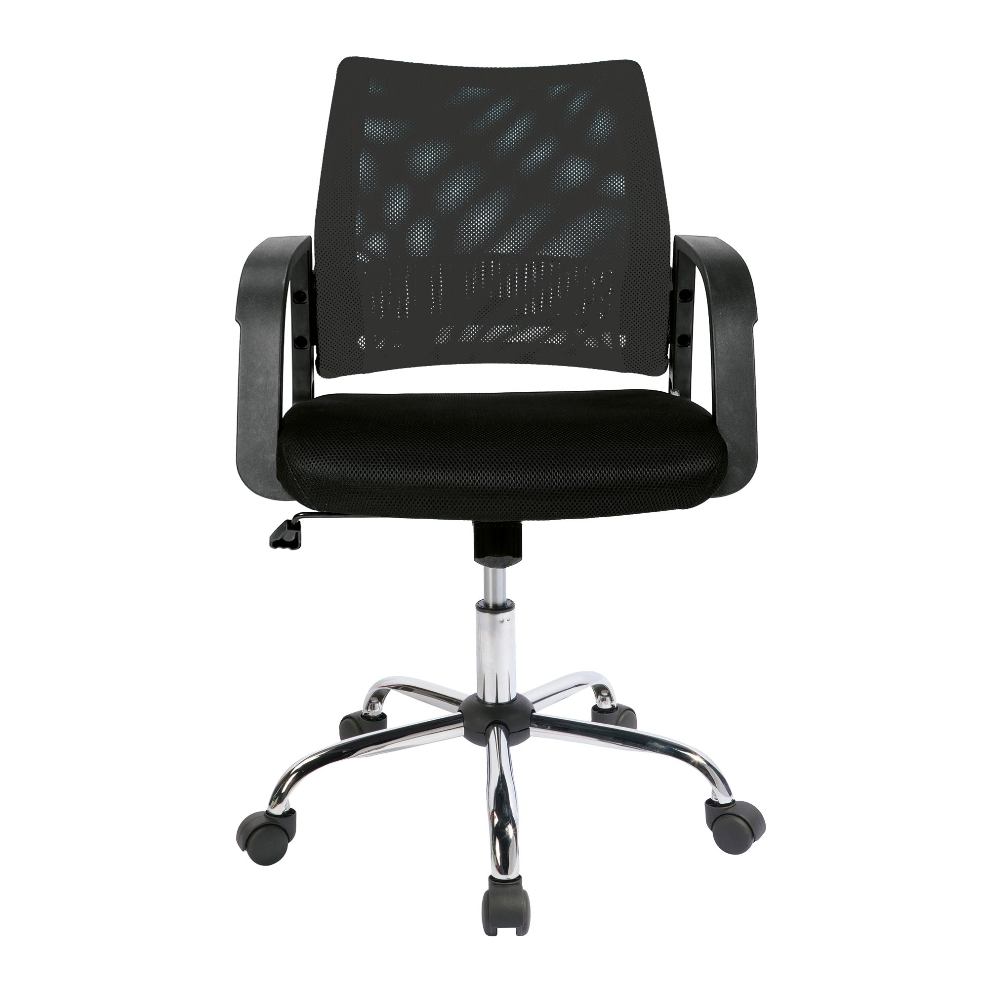 Black office chair with mesh backrest on a white background