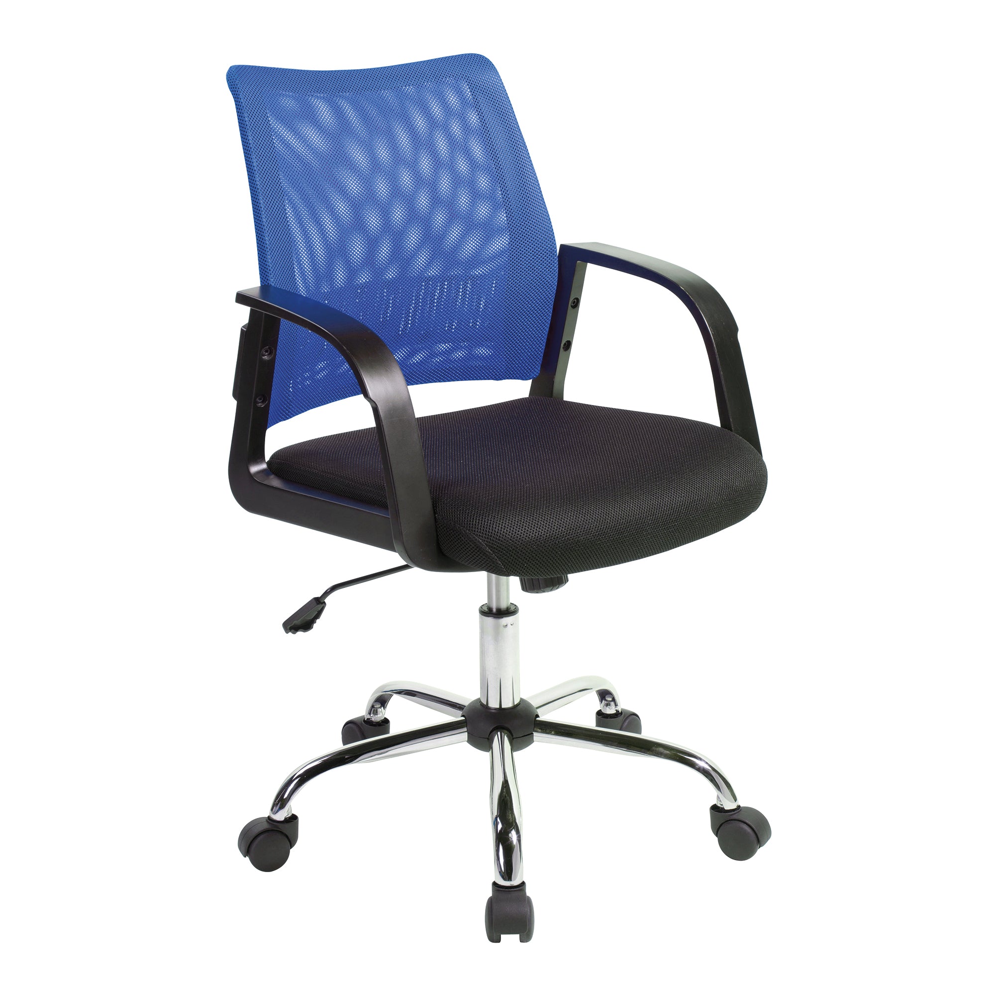Blue office chair with black seat and chrome base on a white background
