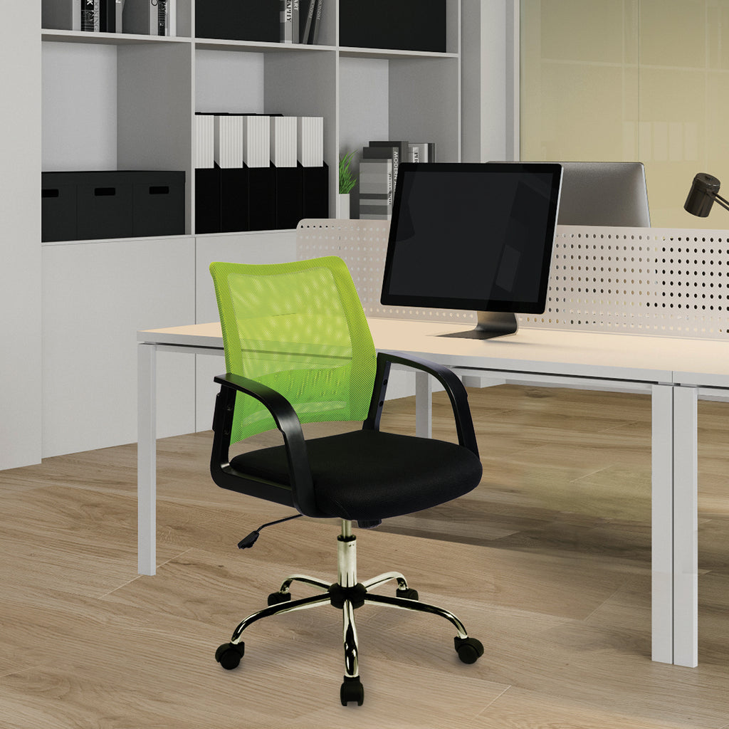 Modern office setup with a green chair and desk.