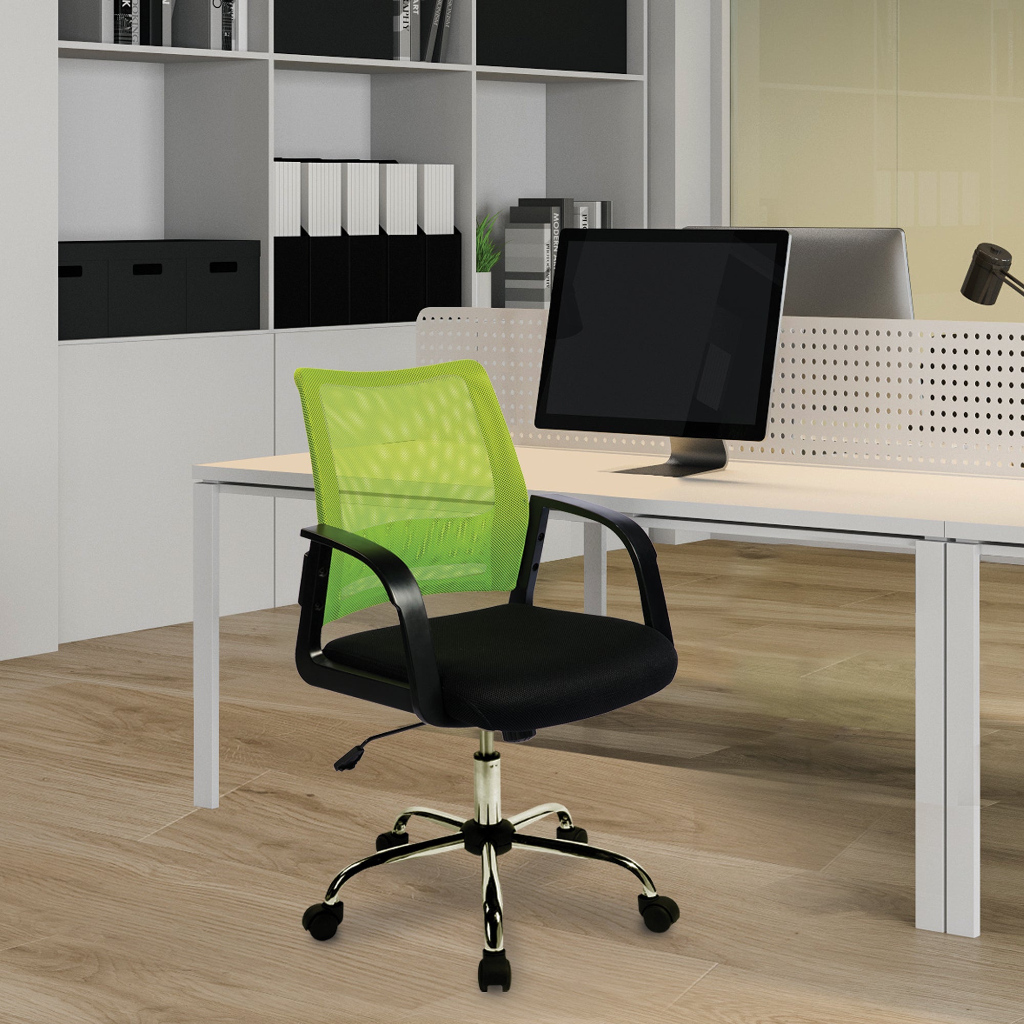 Modern office setup with a green chair and desk.