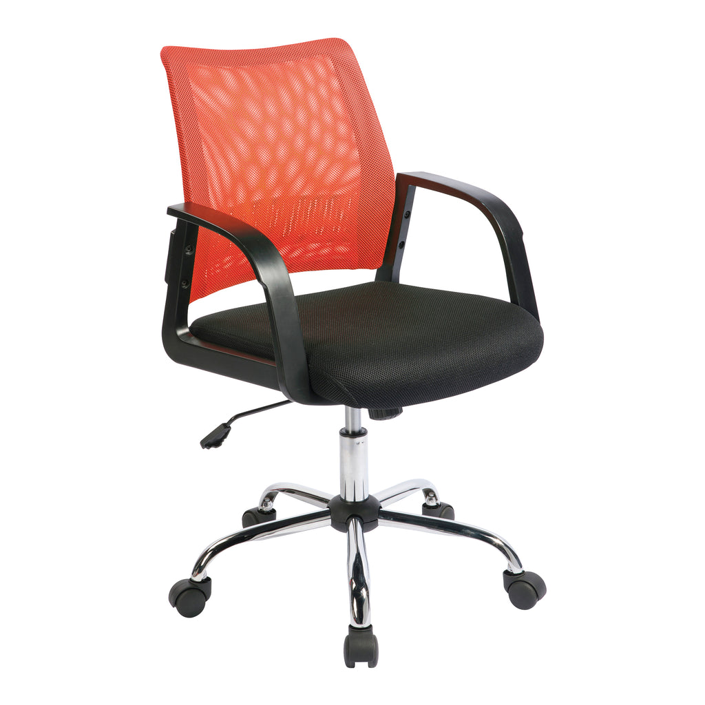 Office chair with orange mesh backrest and black seat on a white background