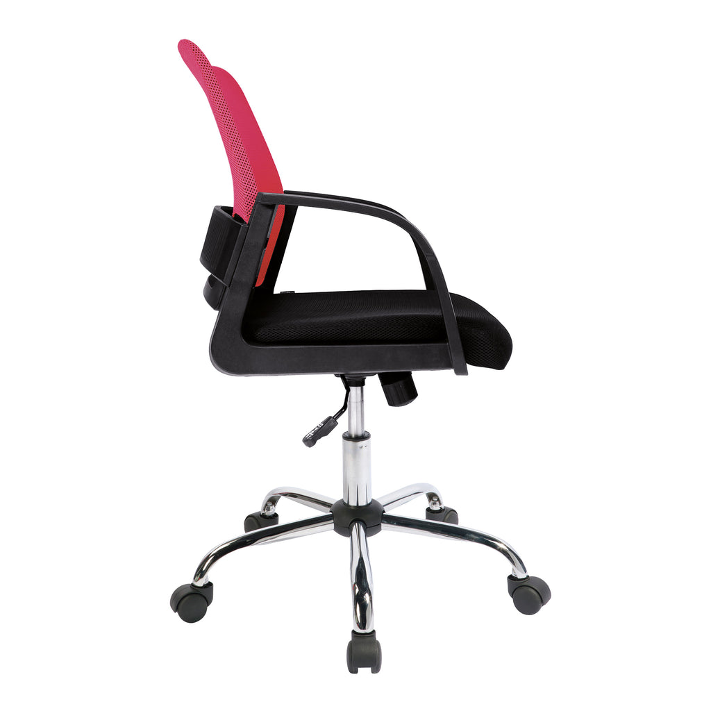 Black office chair with red mesh backrest on a white background