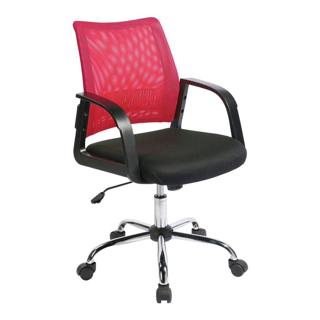 Office chair with red mesh backrest and black seat on a white background