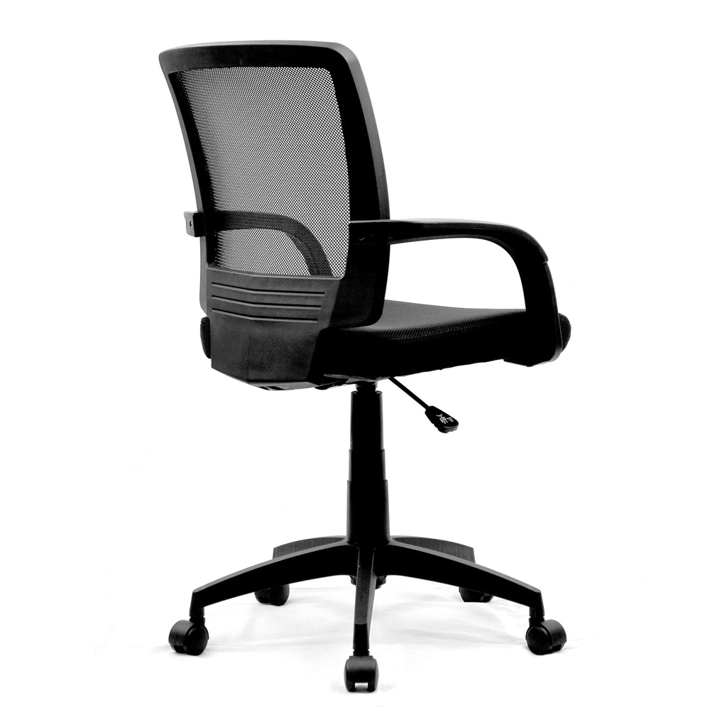 Black office chair with mesh back on a white background
