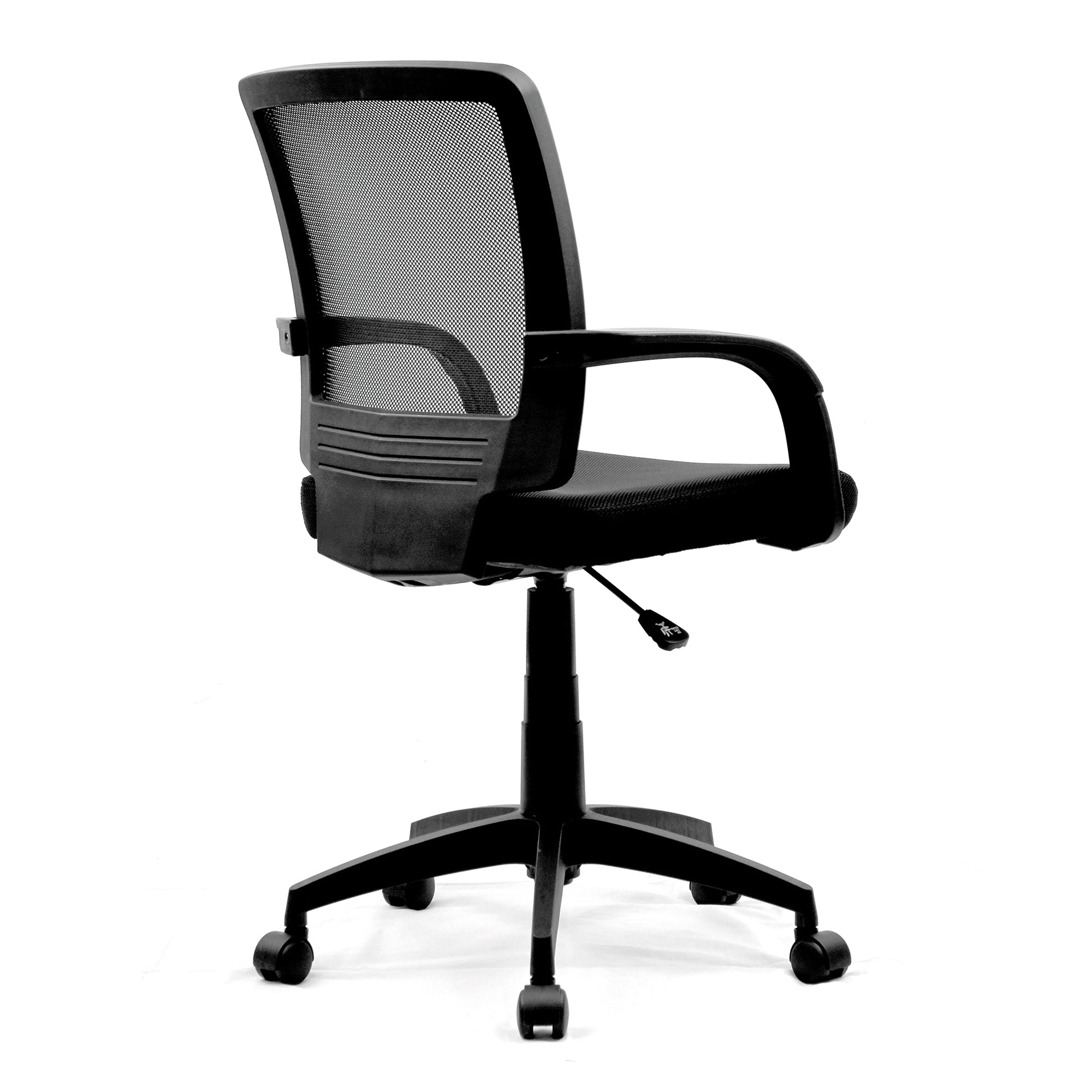 Black office chair with mesh back on a white background