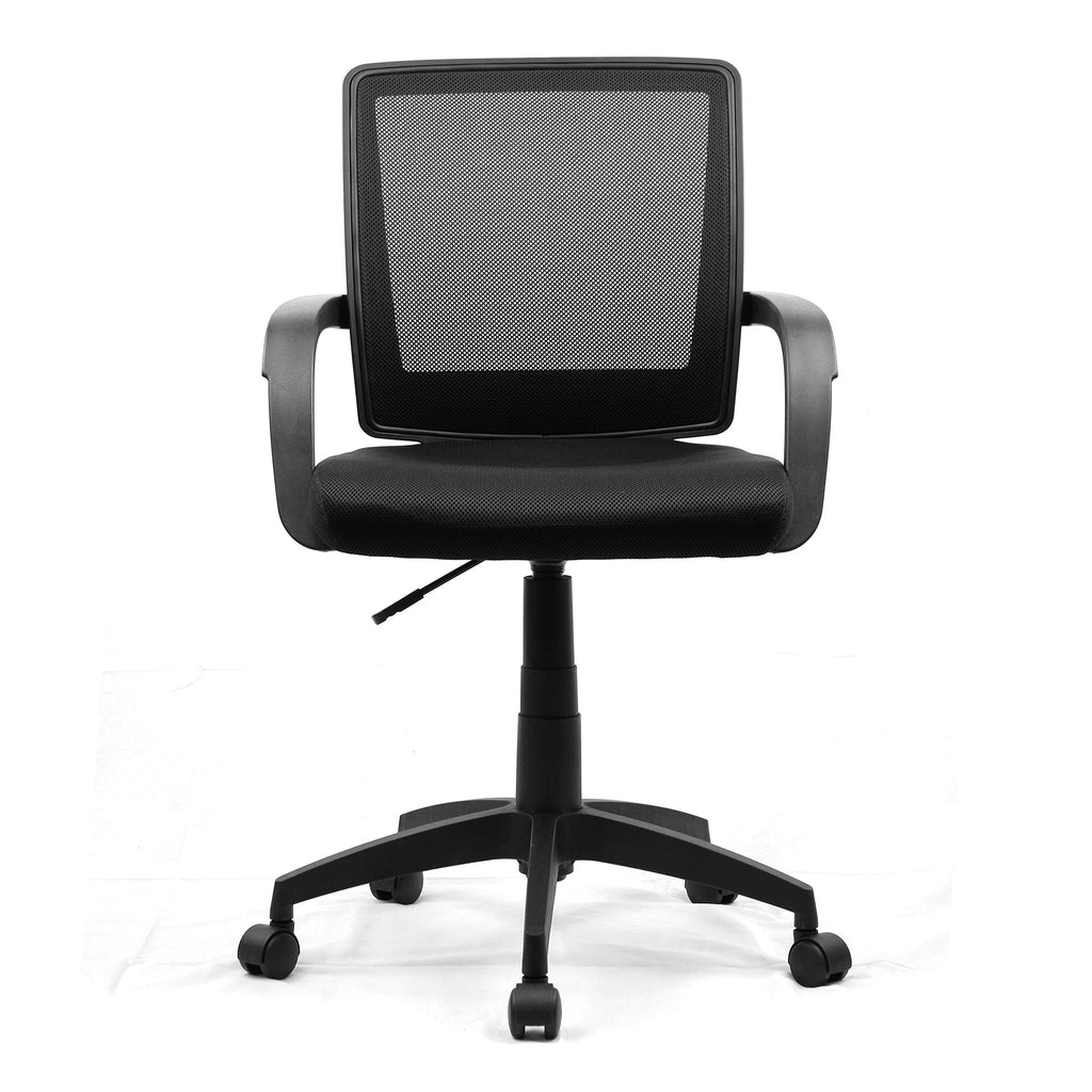 Black office chair with mesh back on a white background