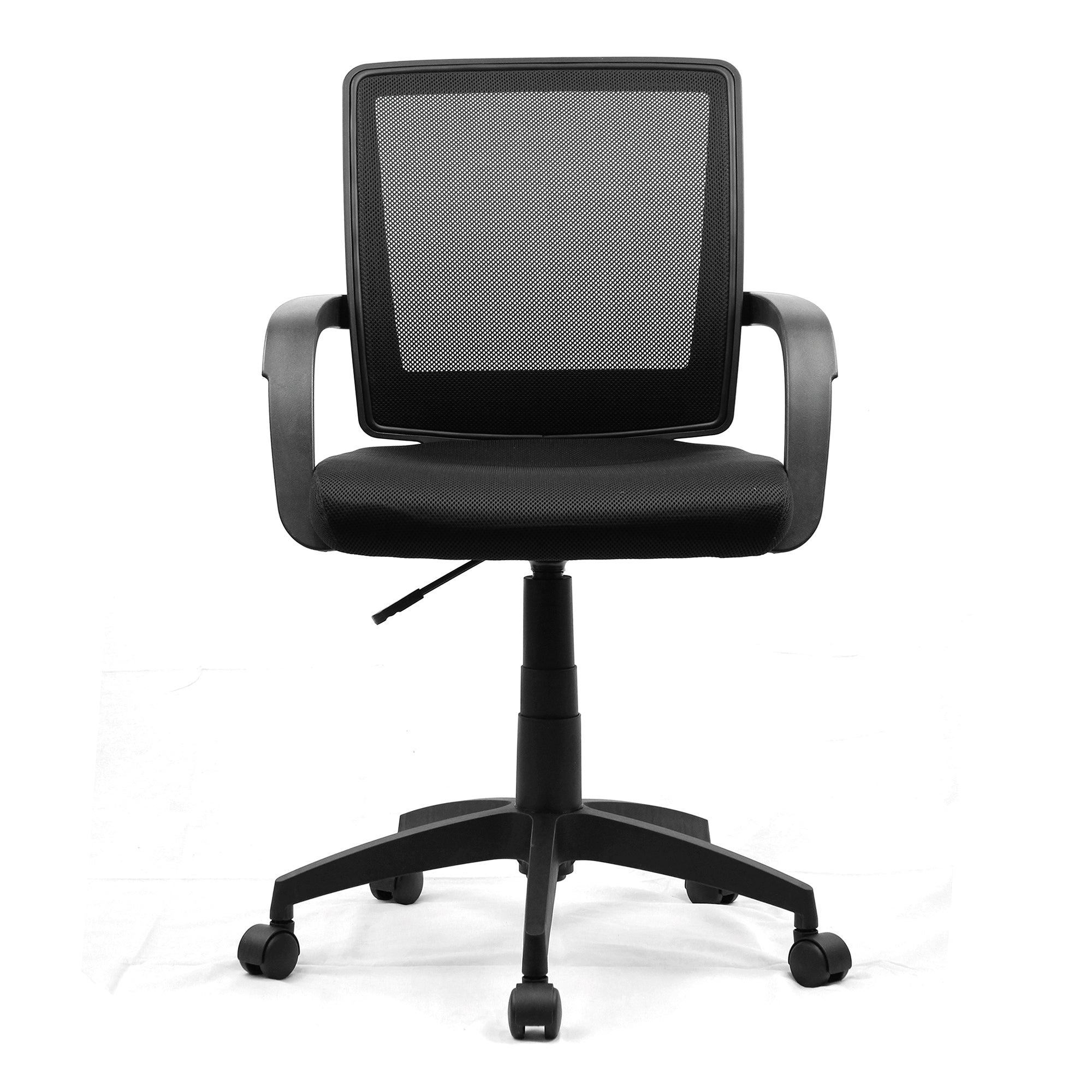 Black office chair with mesh back on a white background