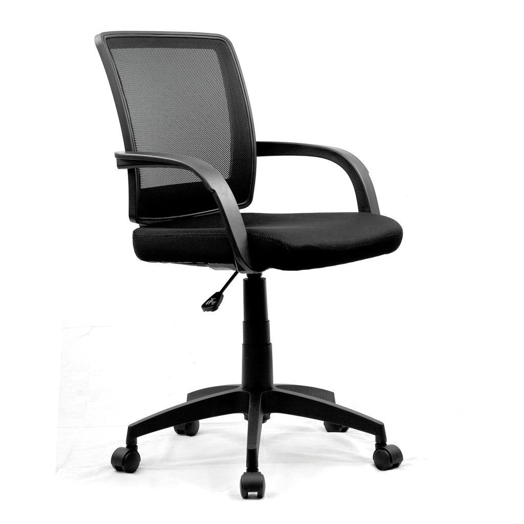 Black office chair with mesh back on a white background