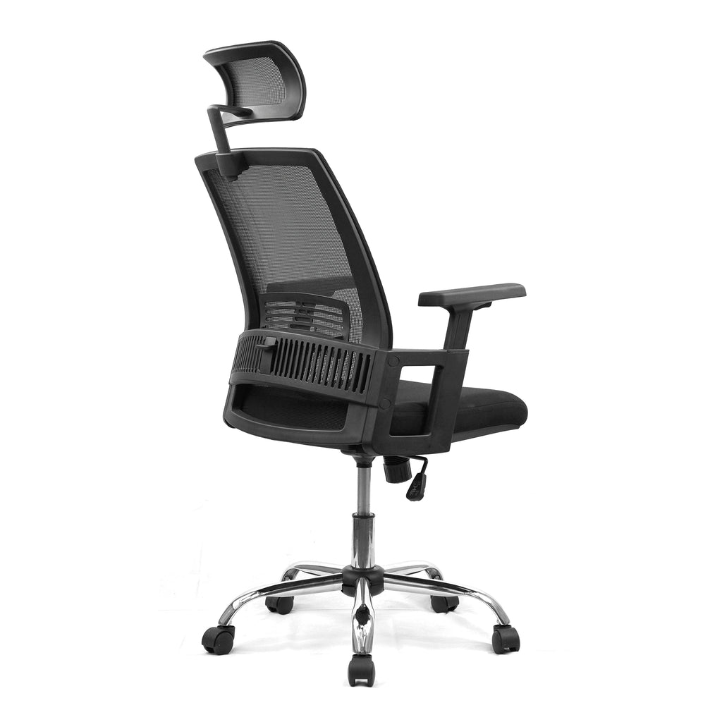 Black office chair with mesh backrest on a white background