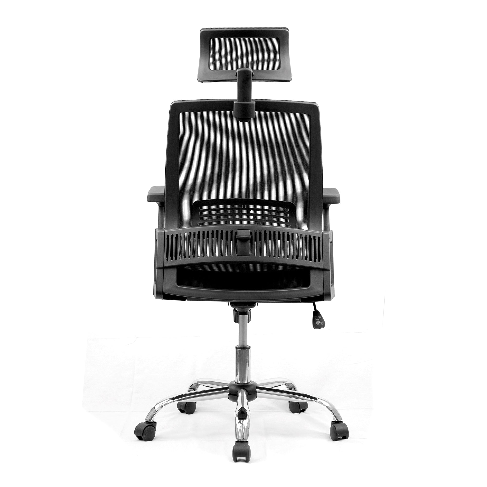 Black office chair with headrest on a white background