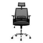 Black office chair with mesh back and headrest on a white background
