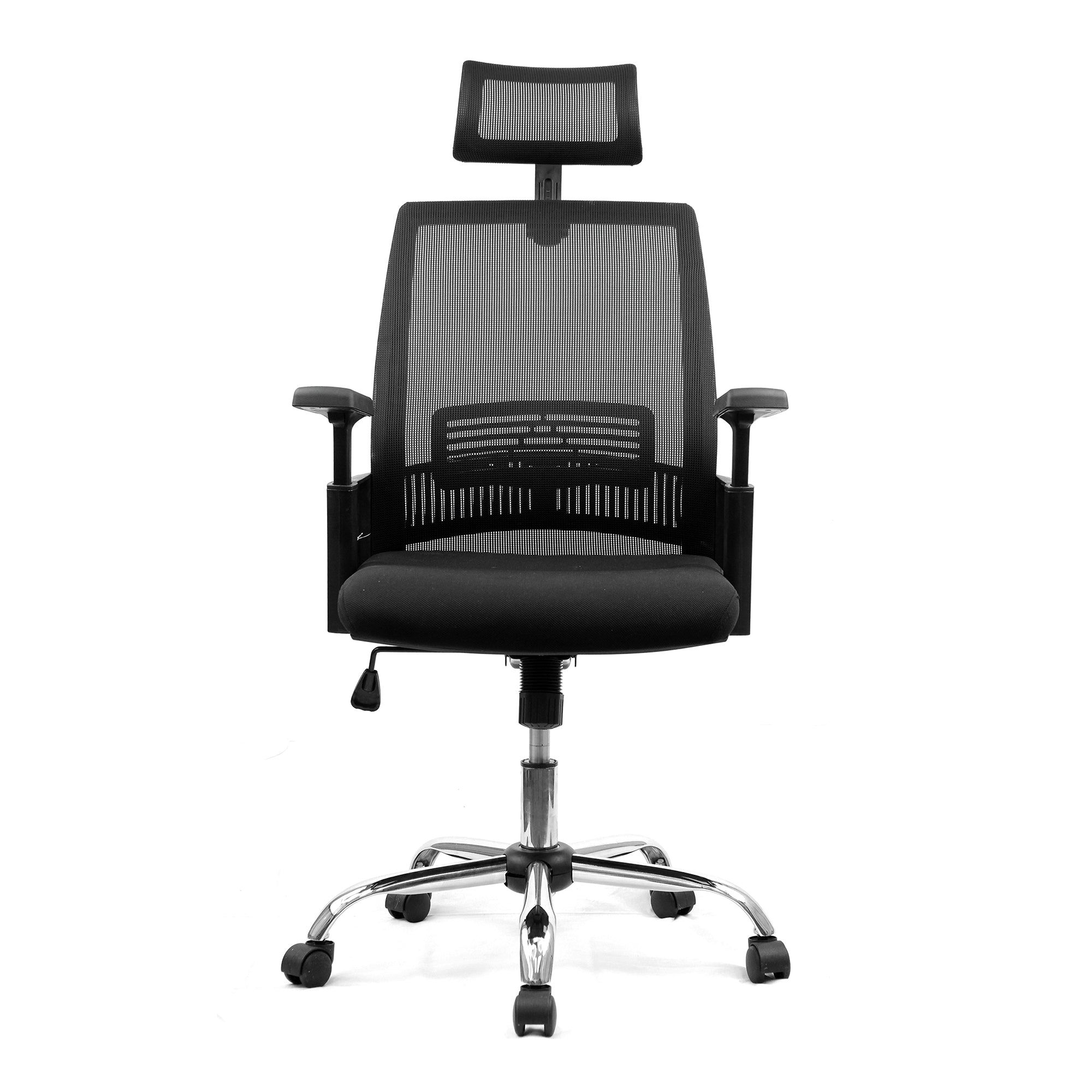 Black office chair with mesh back and headrest on a white background