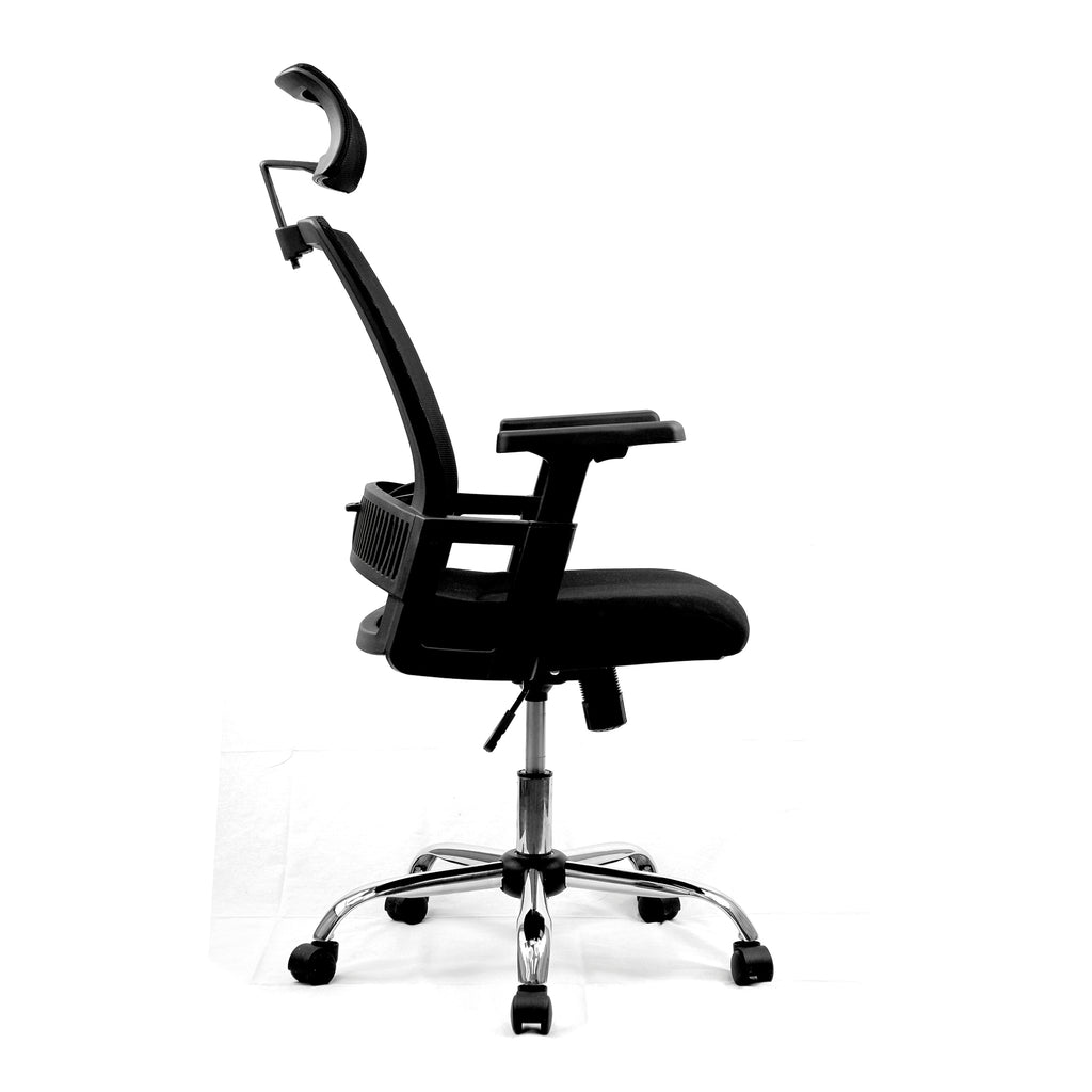 Black office chair with adjustable armrests on a white background