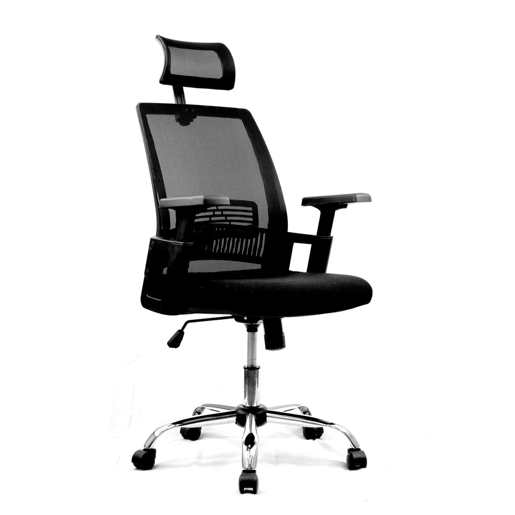 Black office chair with mesh backrest on a white background