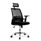 Black office chair with mesh backrest on a white background