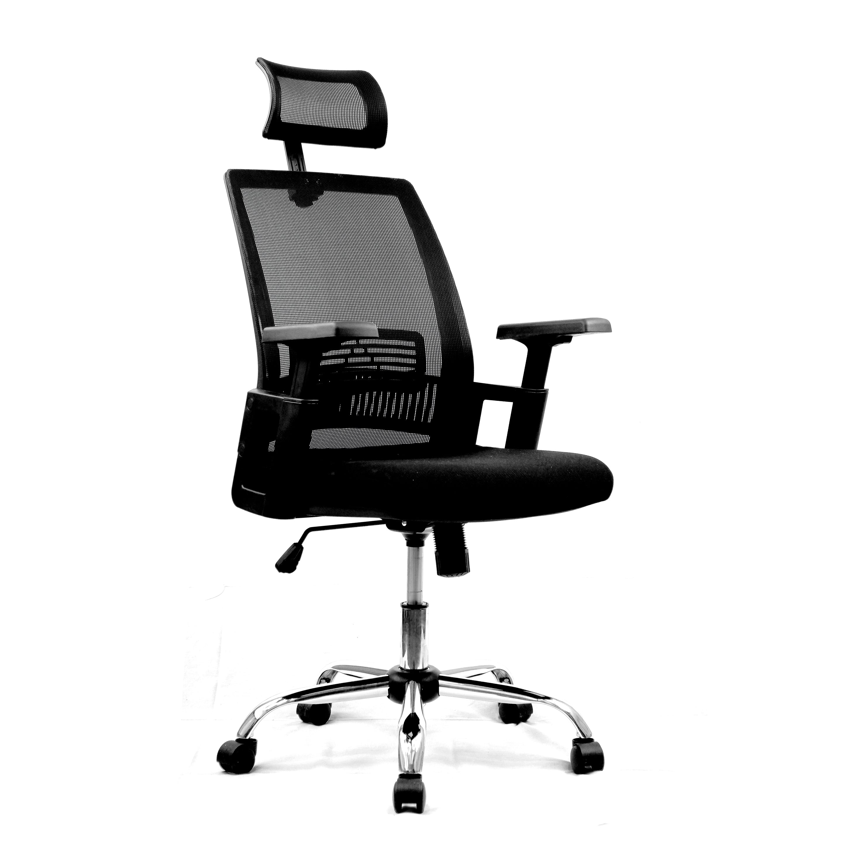 Black office chair with mesh backrest on a white background