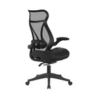 Black office chair with mesh backrest on a white background